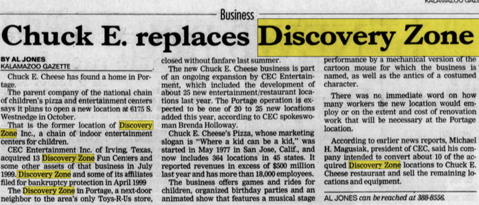 Discovery Zone - Jul 15 2000 Article